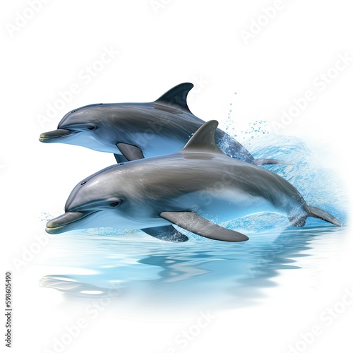 2 jumping playful dolphins in water isolated on a white background, generative ai