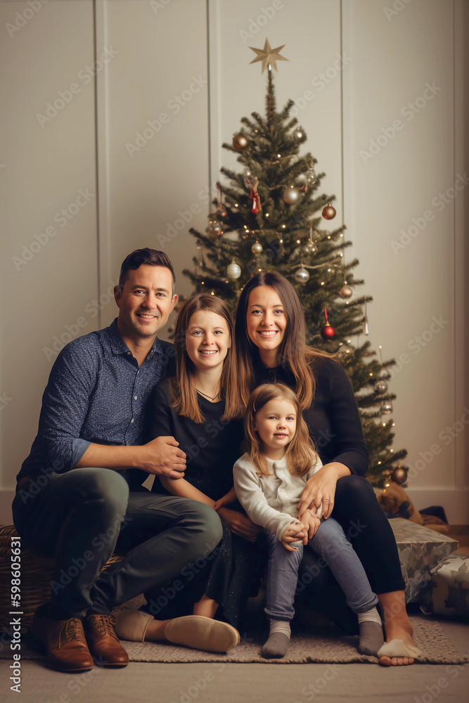 a medium shot portrait of a modern and minimalist Christmas scene, showing a smiling family in front of a tree, Created with generative Ai Technology.
