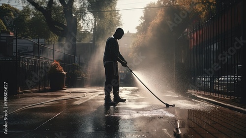 A dynamic shot of a man using a pressure washer to blast away dirt and grime from a weathered driveway. Generative AI