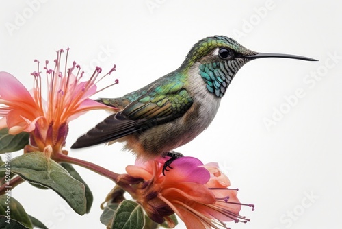 Beautiful hummingbird illustration, white background. Generative AI © Deivison