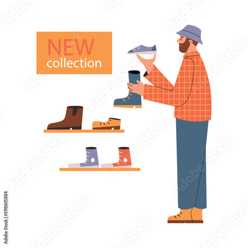 Buyer chooses shoes from the new collection flat vector illustration isolated.