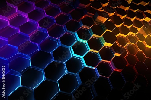 Illustration of hexagons with gradient neon lights  background with gradient beehive. Generative AI
