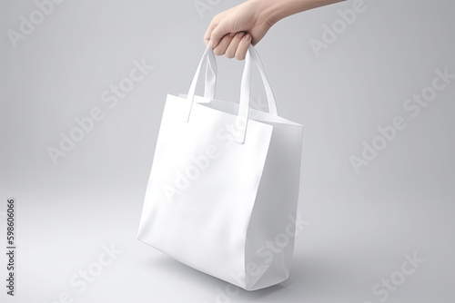 Illustration of hand holding shopping bag, online shopping concept, white background. Generative AI