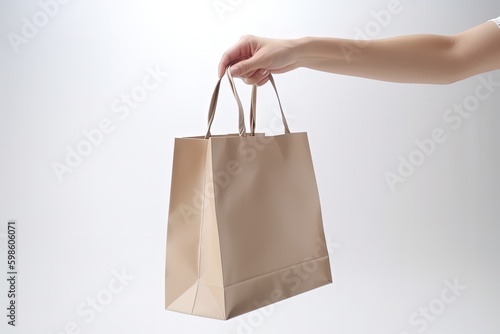 Illustration of hand holding shopping bag, online shopping concept, white background. Generative AI