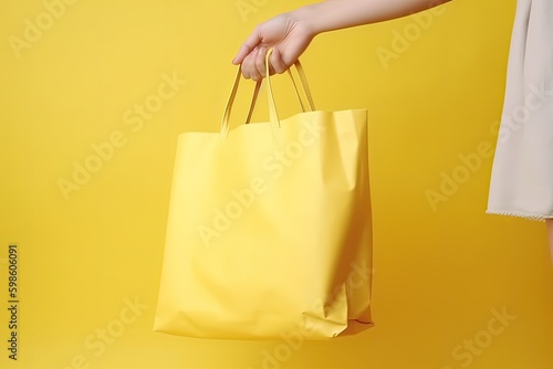 Illustration of hand holding shopping bag, online shopping concept, yellow background. Generative AI