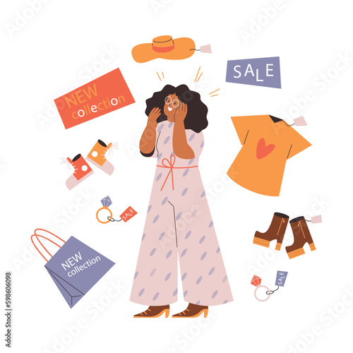 Shopaholic woman compulsively buying fast fashion items, flat vector isolated.