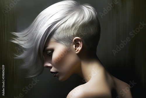 woman with a dark background with a silver mohawk photo