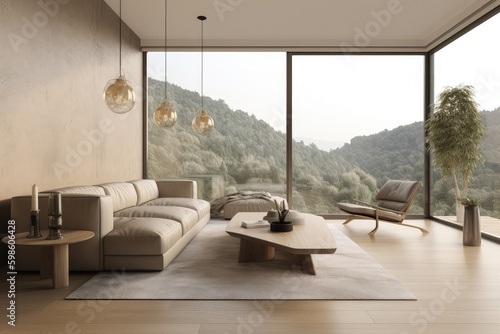 Modern living room  beige tones  architecture concept  forest and canyons in the background. Generative AI