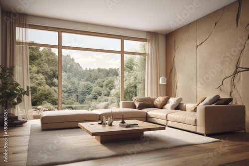 Modern living room, beige tones, architecture concept, forest and canyons in the background. Generative AI