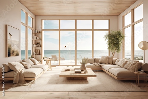 Modern room, beige tones, architecture concept, sea and beach in the background. Generative AI © Deivison