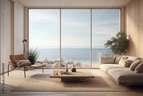 Modern room  beige tones  architecture concept  sea and beach in the background. Generative AI