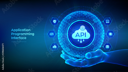 API. Application Programming Interface in the shape of sphere with hexagon grid pattern in wireframe hand. Software development tool, cloud computing technology concept. Vector illustration.