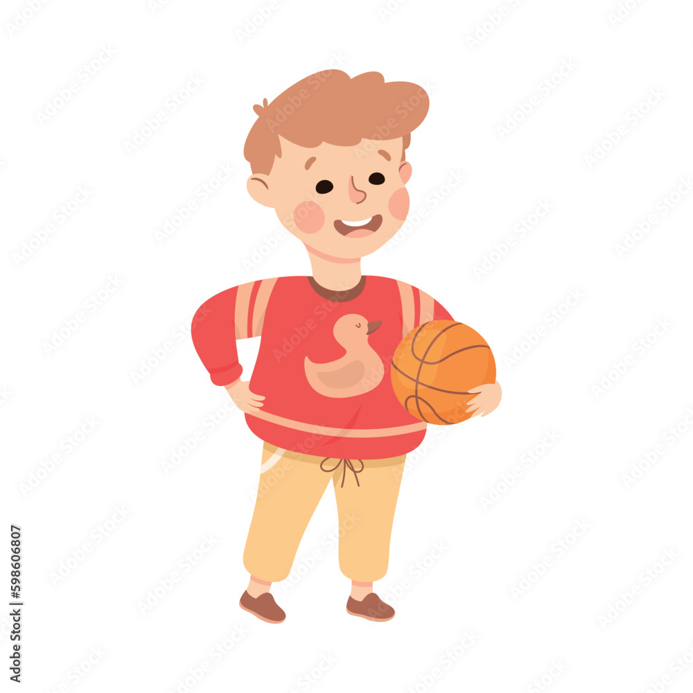 Little Boy Character in Red Sweater Standing with Ball for Basketball Game Vector Illustration Little Boy Character in Red Sweater Standing with Ball for Basketball Game Vector Illustration