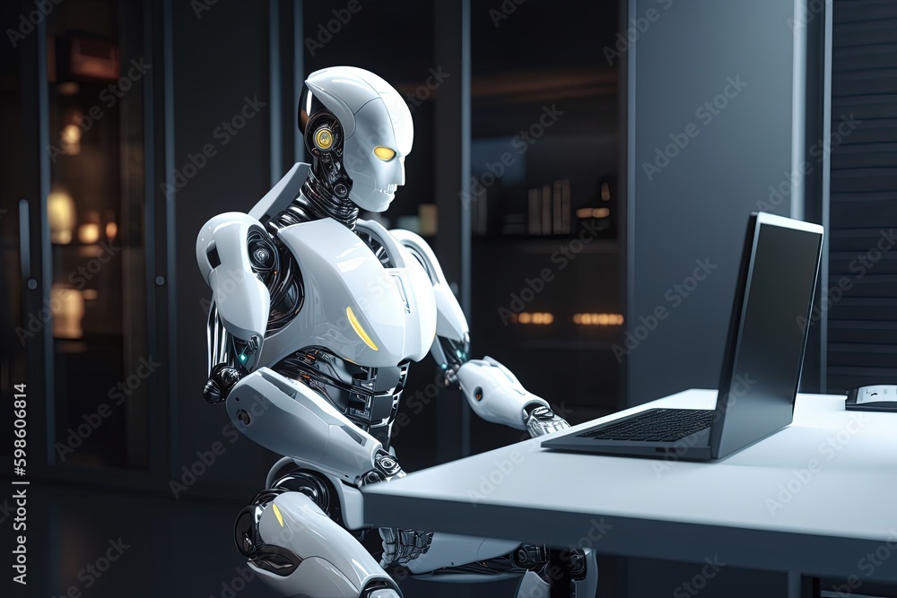 Fototapeta premium Robot sitting in front of the laptop in a room, artificial intelligence concept. Generative AI