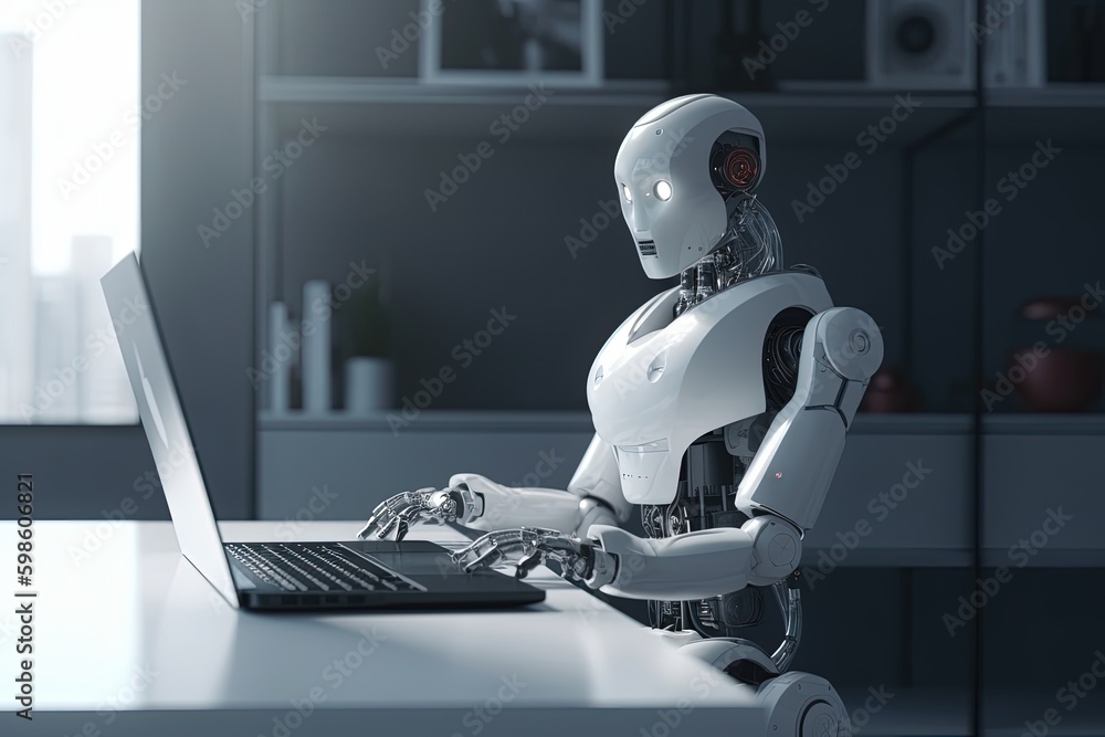Fototapeta premium Robot sitting in front of the laptop in a room, artificial intelligence concept. Generative AI