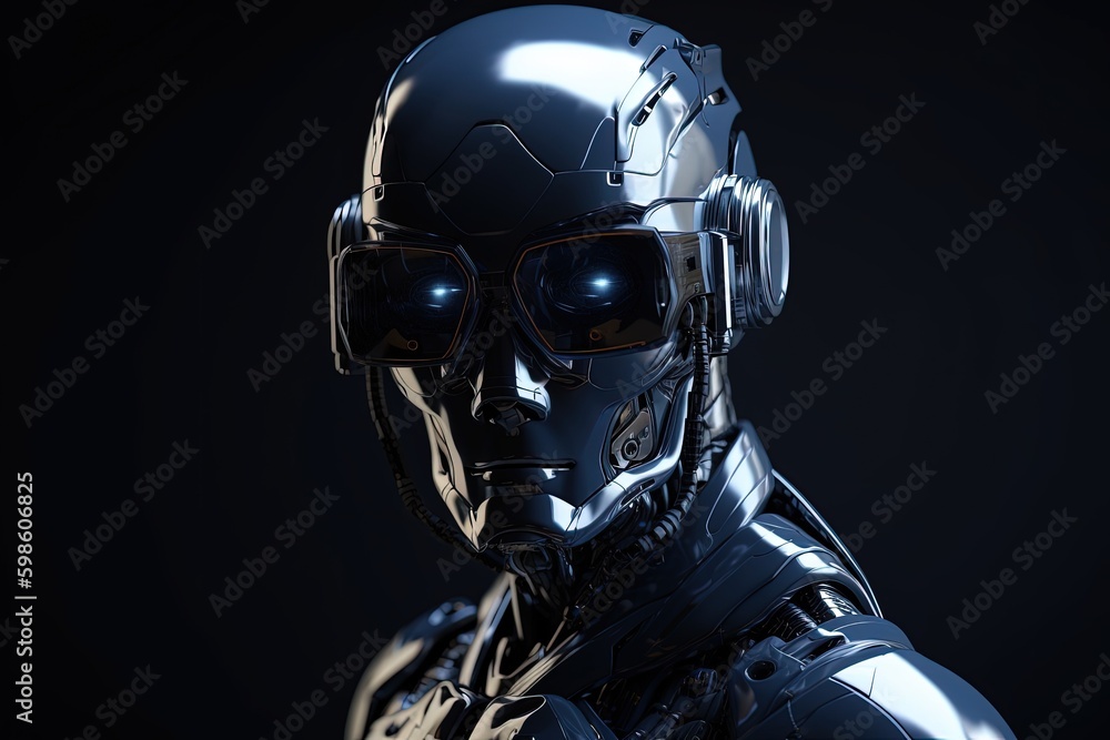 Technological robot, artificial intelligence concept, black background. Generative AI Technological robot, artificial intelligence concept, black background. Generative AI