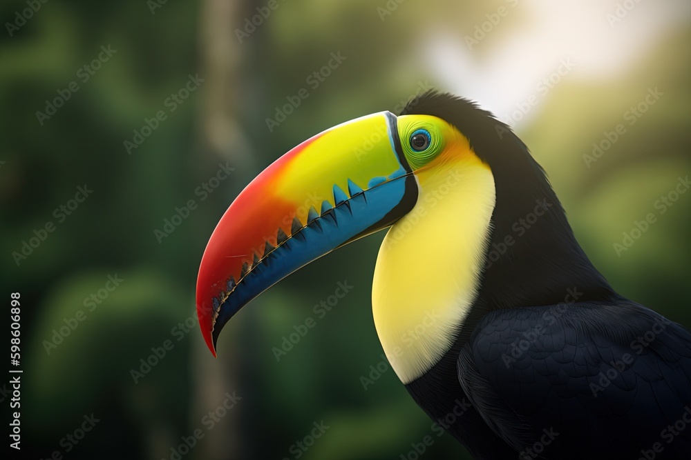 Naklejka premium Beautiful toucan illustration, animal life concept, forest in background, bokeh background. Generative AI