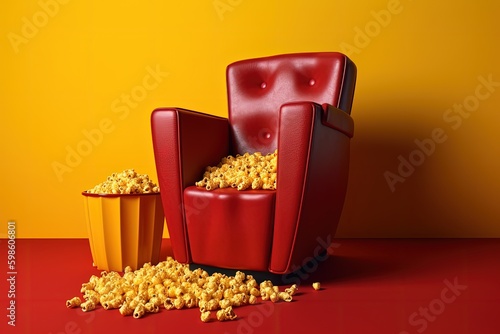 Illustration of cinema chair and popcorn bucket, cinema and leisure concept. Generative AI
