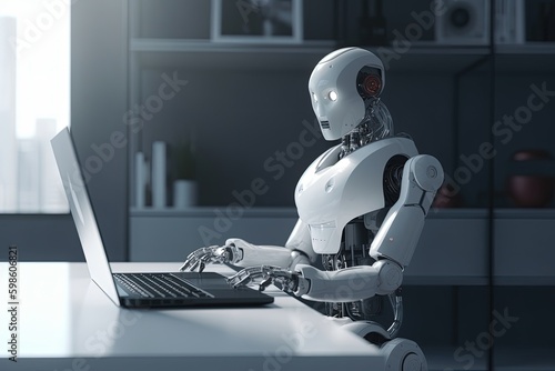 Robot sitting in front of the laptop in a room, artificial intelligence concept. Generative AI