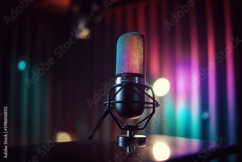 Microphone in a podcast room, bokeh background, gradient neon lights. Generative AI
