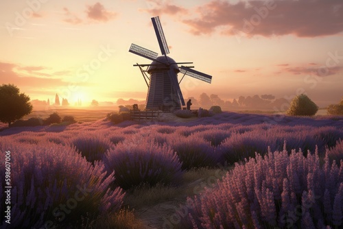 Landscape with windmill, lavender field and sunset. Generative AI