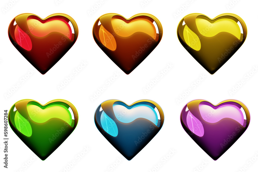 Rainbow Hearts, Abstract, Glow, Open Outer Shell Isolated Hearts Shapes, Transparent Background