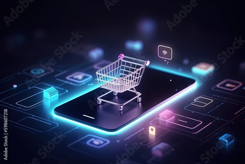 Shopping cart illustration, ecommerce and business concept, background. Generative AI photo