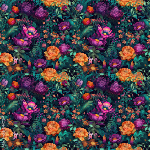 Seamless background of vibrant fantastic flowers. AI generated