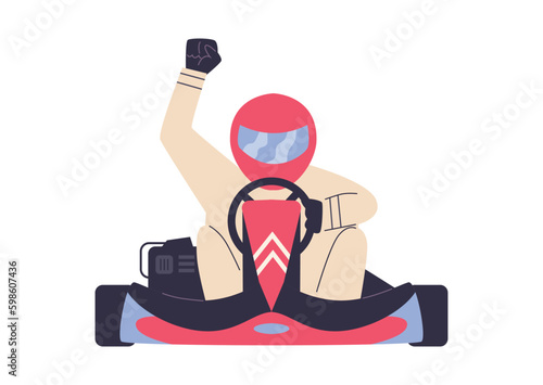 Winner of karting competition in sports car flat vector illustration isolated.