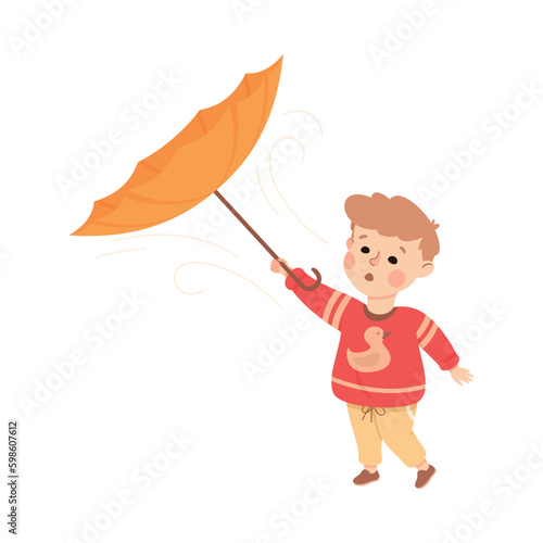 Little Boy Character Holding Turned Out Umbrella Walking in Stormy Weather Vector Illustration