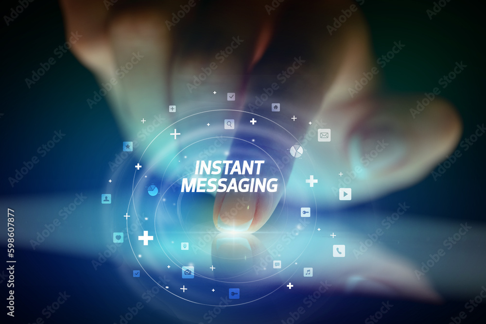 Finger touching tablet with social media icons concept Finger touching tablet with social media icons concept