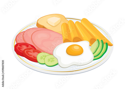 Continental breakfast plate vector illustration. Ham, cheese, fried egg, toast with butter and vegetables on a plate icon vector isolated on a white background