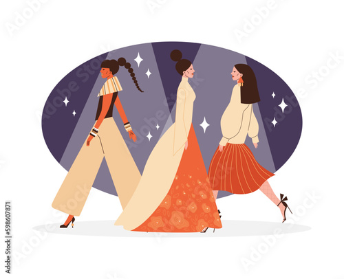 Fashion week haute couture clothing show flat vector illustration isolated.