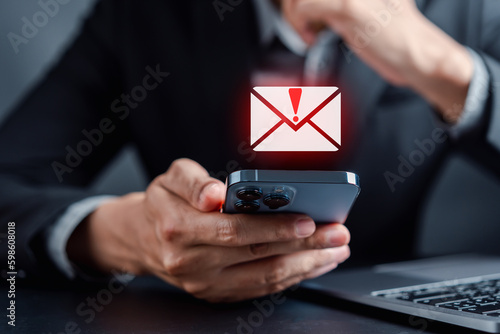 Email spam virus warning caution sign for notification on internet letter security protect, junk and trash mail, Cybersecurity vulnerability, data breach, illegal connection, compromised information. photo