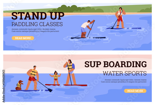 Stand up paddling classes and sup boarding water sport web banners set, flat vector illustration.