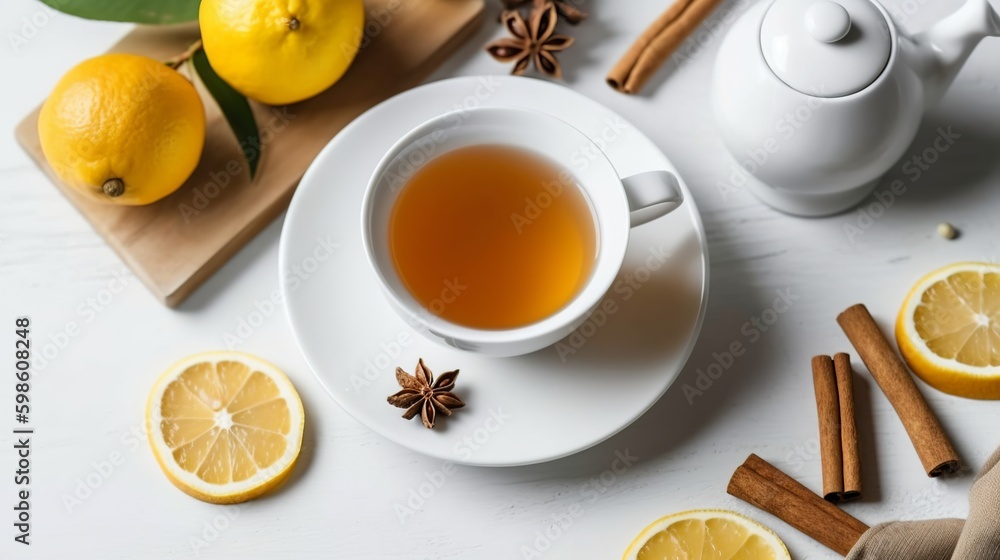 Cup of tea with lemon and cinnamon on a white table, Generative AI Cup of tea with lemon and cinnamon on a white table, Generative AI