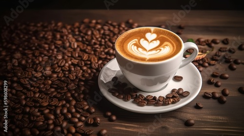 Nice Texture of Latte art on hot latte coffee with coffee beans. Milk foam in heart shape leaf tree on top of latte art from professional barista artist. Generative AI