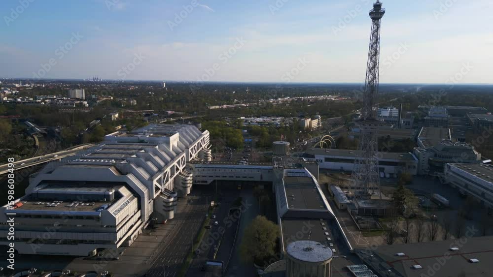 Berlin City Radio Tower Exhibition center. Amazing aerial top view flight drone Generative AI Berlin City Radio Tower Exhibition center. Amazing aerial top view flight drone Generative AI