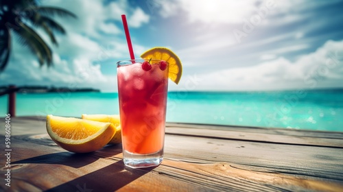 Glass of colorful, tasty cocktail on tropical beach, Generative AI