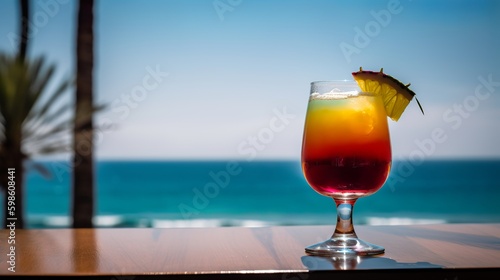 Glass of  colorful, tasty cocktail on tropical beach, Generative AI © AIExplosion