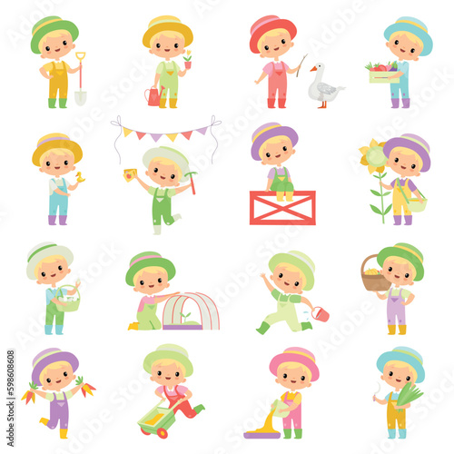 Little Blond Boy in Jumpsuit and Hat at Farm Working in the Garden Big Vector Set