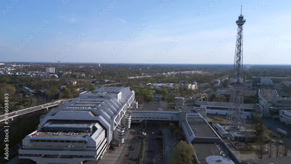 Berlin Tower funkturm Exhibition center. Smooth aerial top view flight drone Generative AI Berlin Tower funkturm Exhibition center. Smooth aerial top view flight drone Generative AI
