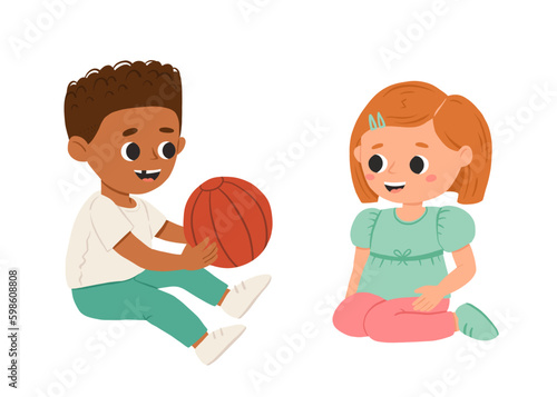 Cartoon happy girl and boy playing with ball and smiling. Cute vector illustration isolated on white background.