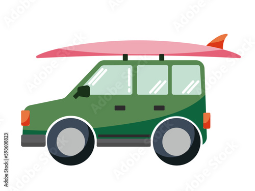 レトロなピンクのサーフボードを運ぶ緑のsuv車