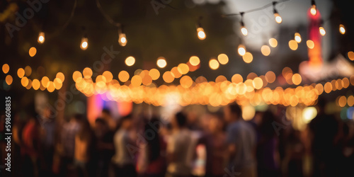 Festival event party outdoor, blurred people background, lights decoration, Generative AI
