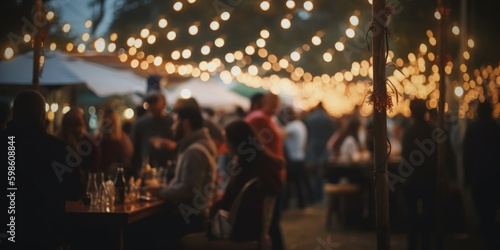 Festival event party outdoor, blurred people background, lights decoration, Generative AI