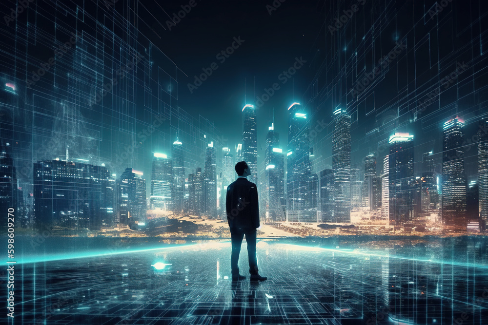 Alone confident business man standing near office windows and looking at city view with business wireless network lines concept, created with Generative AI.