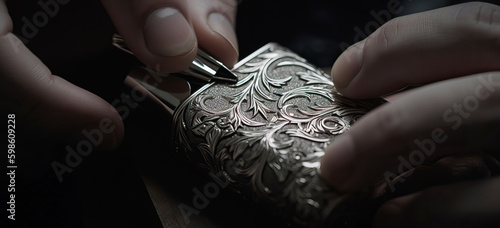 Metal engraver, inspecting his work. A silver lighter or metal item with vine pattern. Wide format. Hand edited  generative AI. photo