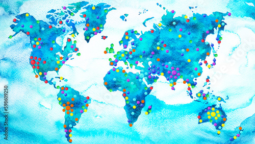 social viral marketing network community online media global business internet population world map art design illustration, 7 earth chakra location color watercolor painting