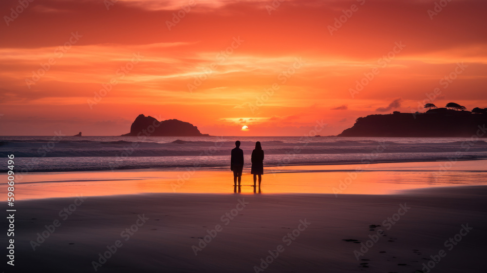 couple amoureux sur une plage au couché du soleil